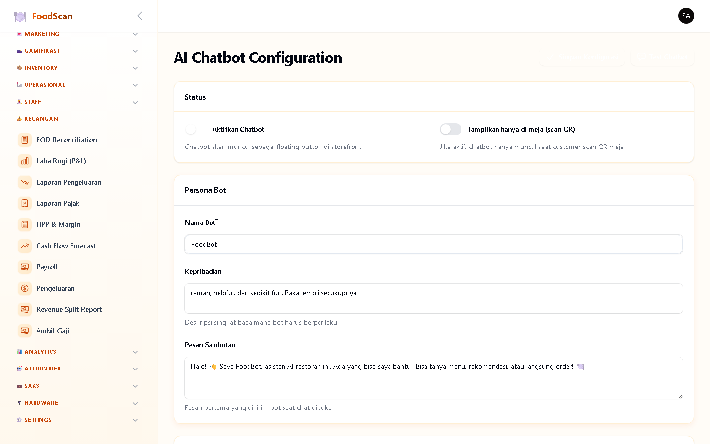 Konfigurasi AI Chatbot untuk FAQ restoran. Set: system prompt (personality bot), knowledge base (menu, jam buka, alamat), model yang digunakan, temperature, dan max tokens. Chatbot bisa di-embed di halaman menu QR. History chat tersimpan dengan token usage tracking.
