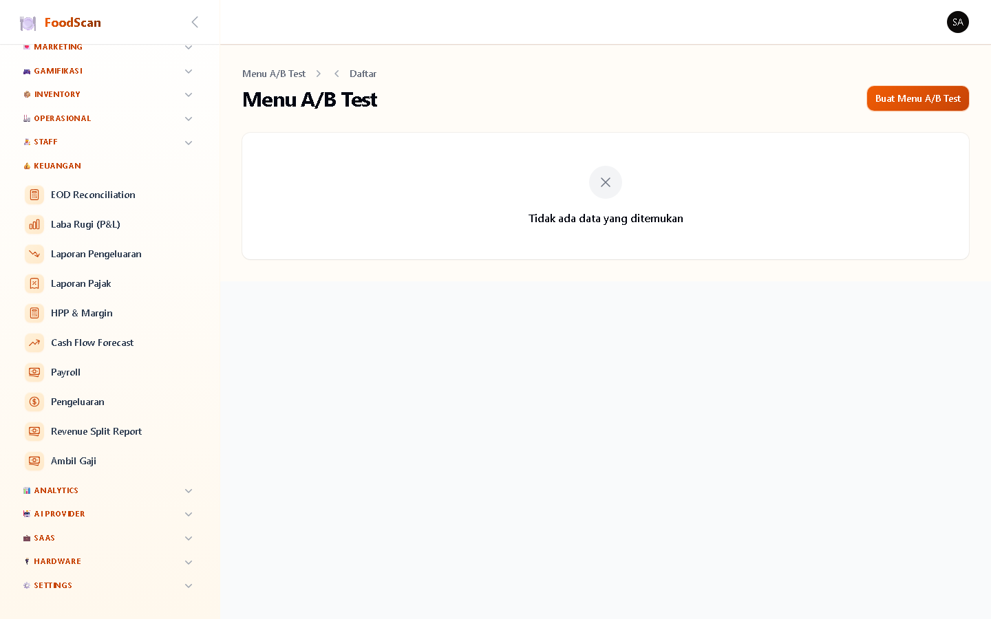 A/B Testing engine untuk eksperimen harga, deskripsi, dan foto item. Set dua varian (A dan B) dengan parameter berbeda. Track: impressions (berapa kali dilihat), conversions (berapa kali dibeli), conversion rate. Statistik signifikan menentukan varian pemenang.