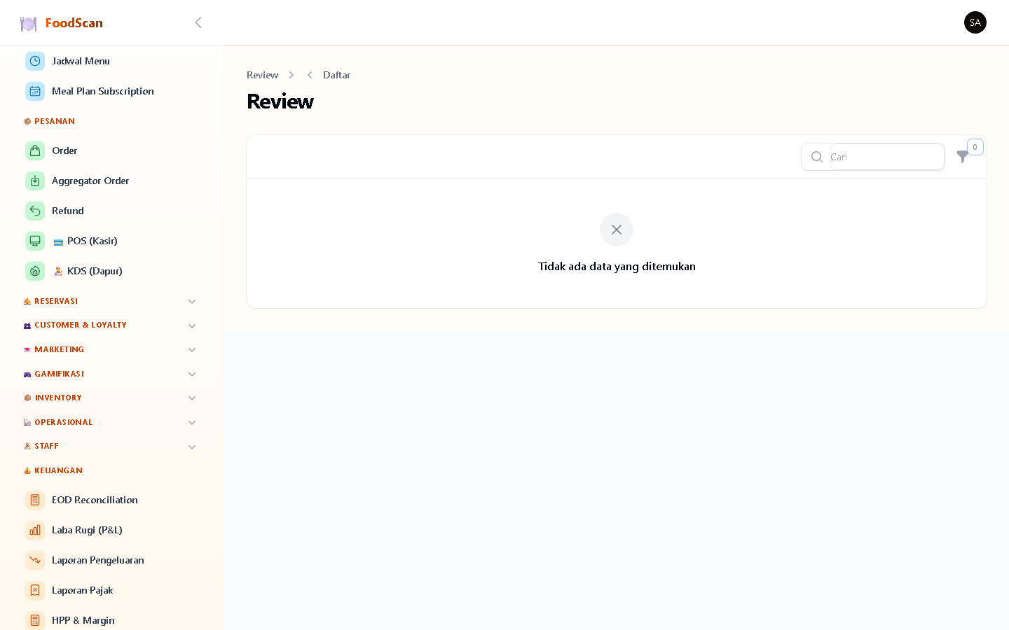 Review & rating dari customer. Tiap review terhubung ke outlet, item, dan customer. Rating bintang 1-5, komentar teks, status verified (berdasarkan order asli), dan status publish. Bisa filter by rating, item, outlet, dan rentang tanggal. Review ditampilkan di halaman publik untuk social proof.