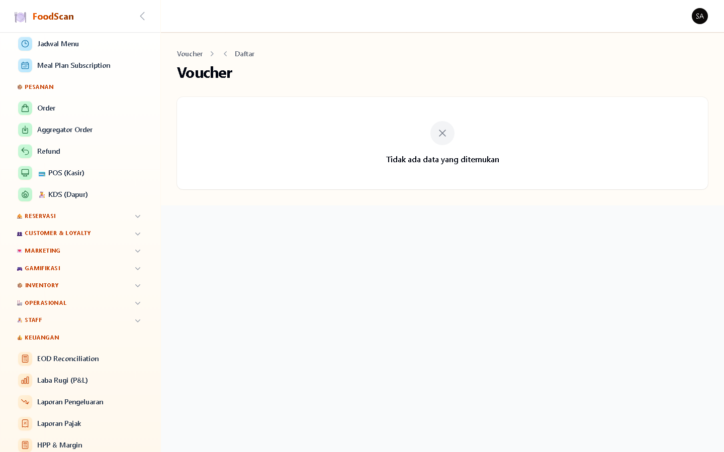 Generate & kelola kode voucher. Setiap voucher linked ke promo dengan batasan: max uses (total pemakaian), used count (sudah terpakai), expired date, dan status aktif/nonaktif. Bisa generate bulk voucher codes. Voucher bisa didistribusikan via email blast, WhatsApp blast, atau printed card.