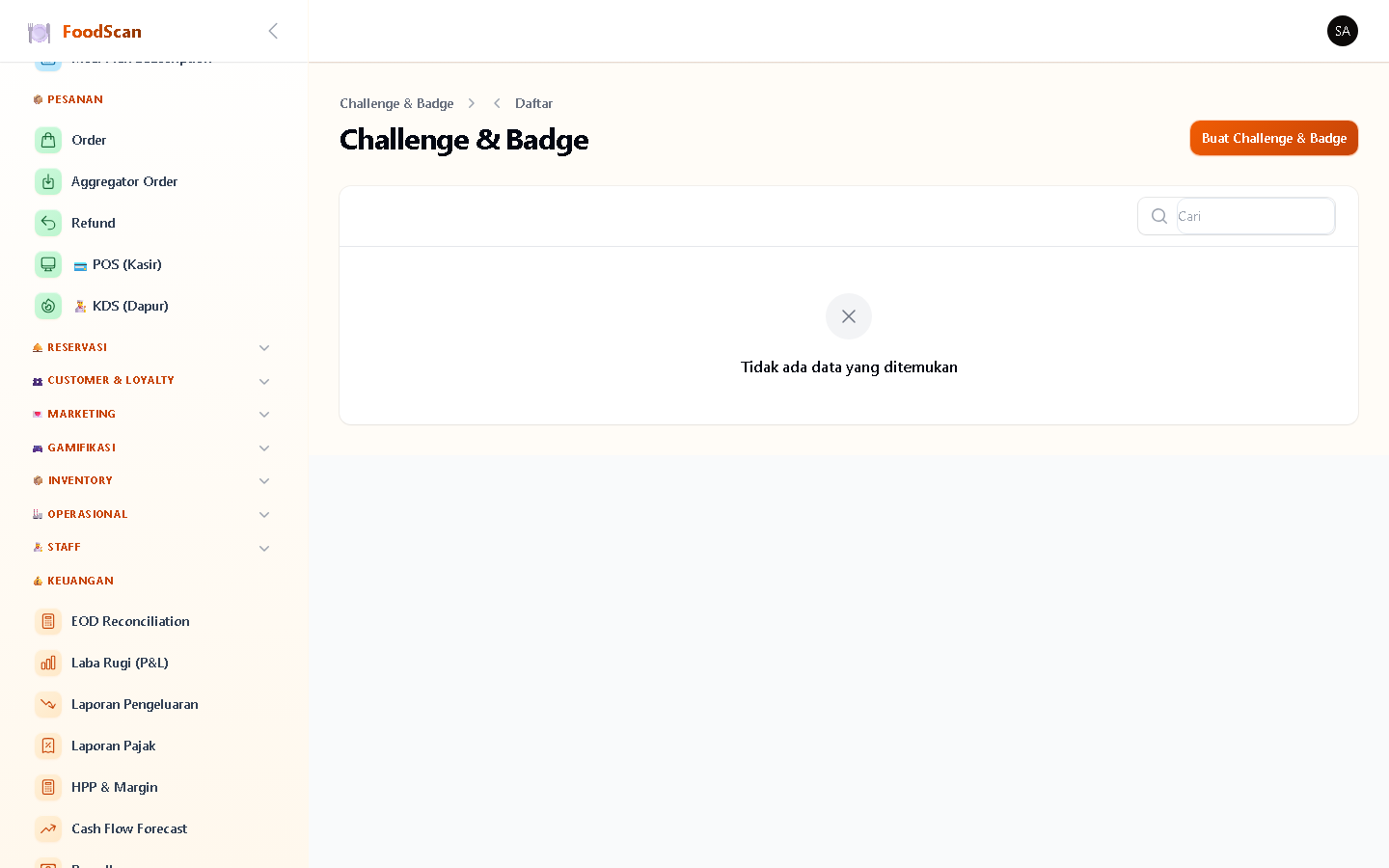 Challenge & achievement system untuk engagement customer. Jenis challenge: Order Count (order X kali), Spend Amount (total belanja Rp X), Try Categories (coba X kategori berbeda), Streak Days (order X hari berturut-turut). Setiap challenge punya reward poin. Customer lihat progress & leaderboard.