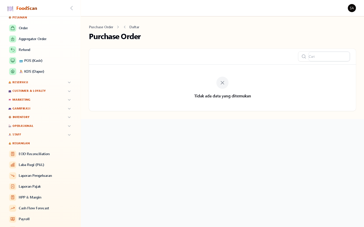Purchase Order ke supplier. Buat PO dengan daftar item: ingredient, quantity, harga. Status PO: draft→sent→partial (sebagian diterima)→received (lengkap). Stok otomatis bertambah saat PO diterima. History PO lengkap dengan timestamp.