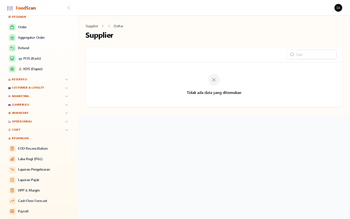 Database supplier/pemasok bahan baku. Setiap supplier punya nama, kontak person, telepon, email, alamat, payment terms, dan status aktif. Supplier linked ke purchase order untuk tracking procurement.