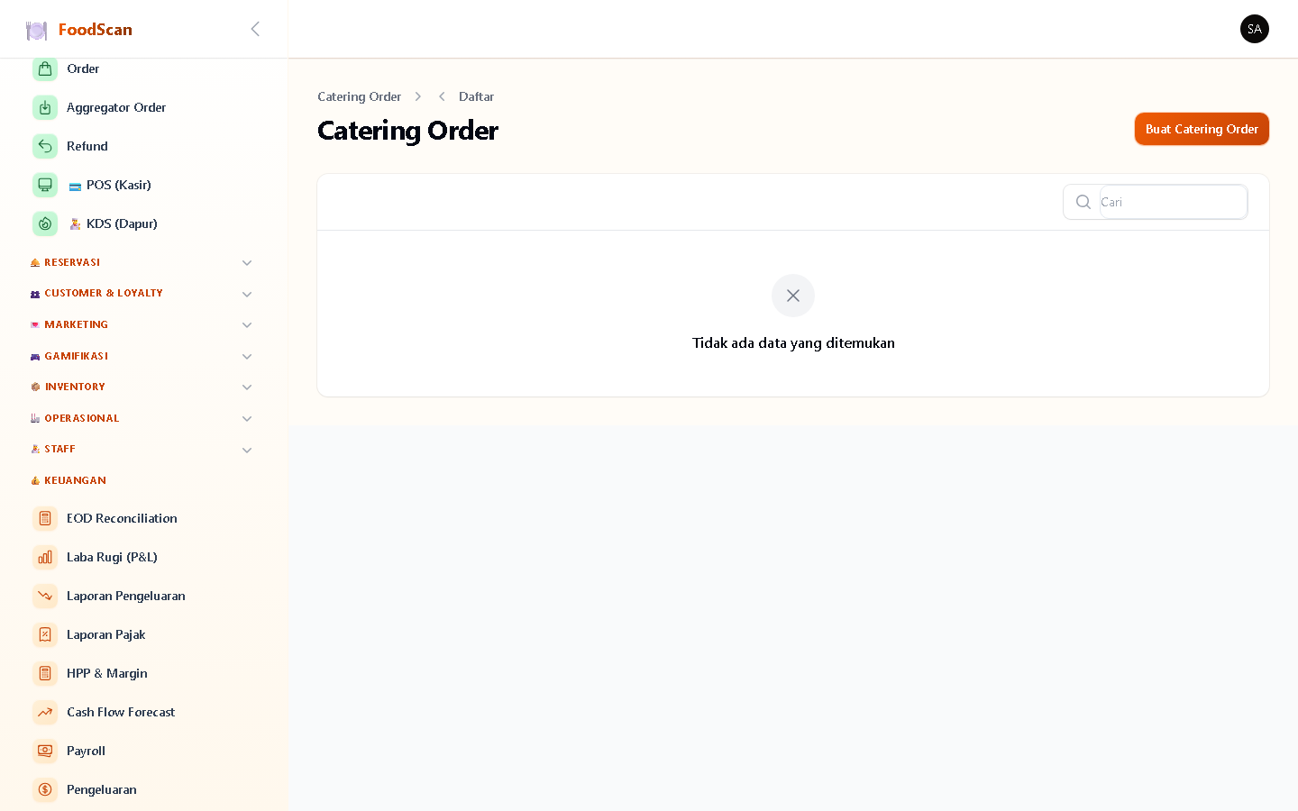 Manajemen pesanan katering untuk event besar. Setiap catering order punya: corporate account, nama event, tanggal event, jumlah tamu, menu yang dipesan, total biaya, dan status (pending→confirmed→preparing→completed). Cocok untuk order perusahaan, wedding, workshop, seminar.