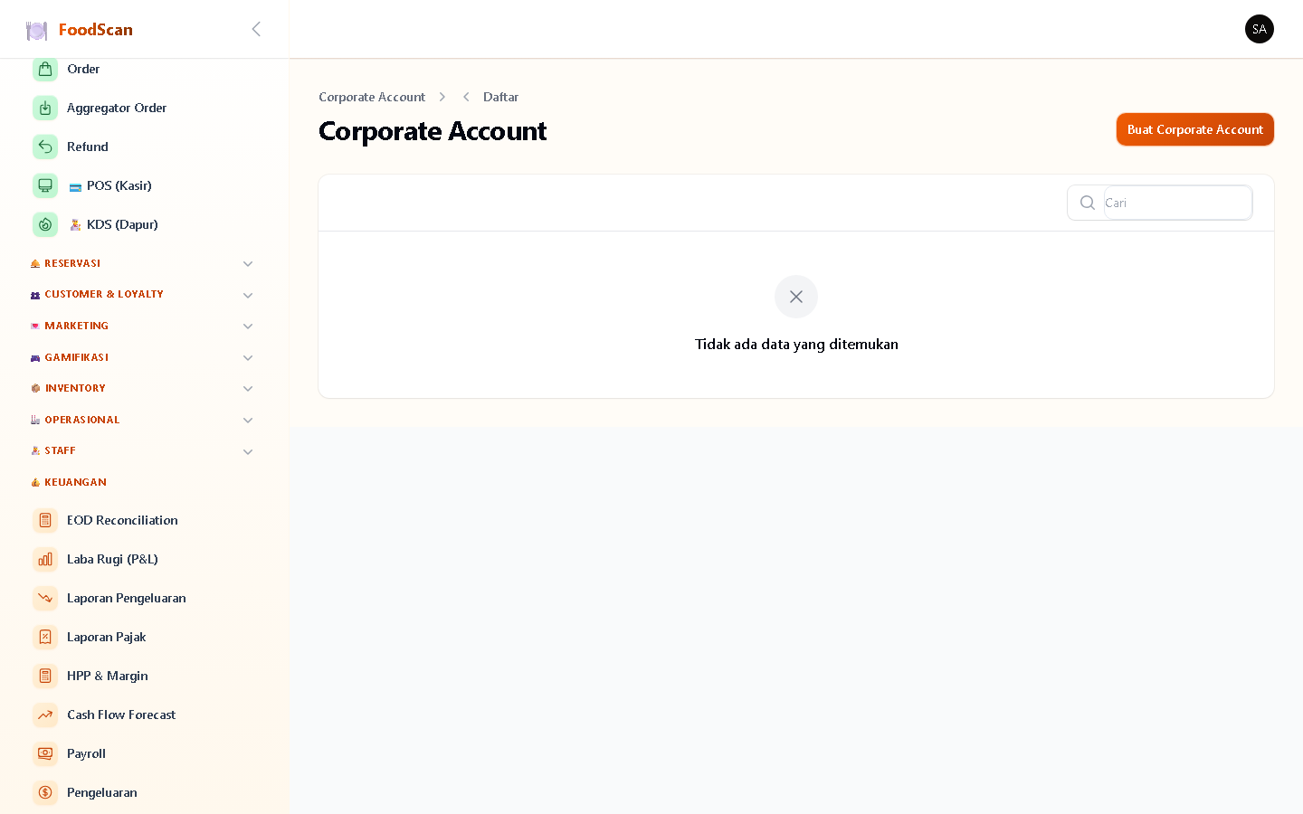 Akun perusahaan/klien korporat dengan fitur: nama perusahaan, kontak person, discount khusus (%), credit limit, payment terms, dan status aktif. Linked ke catering order untuk billing. Support invoice generation per corporate account.