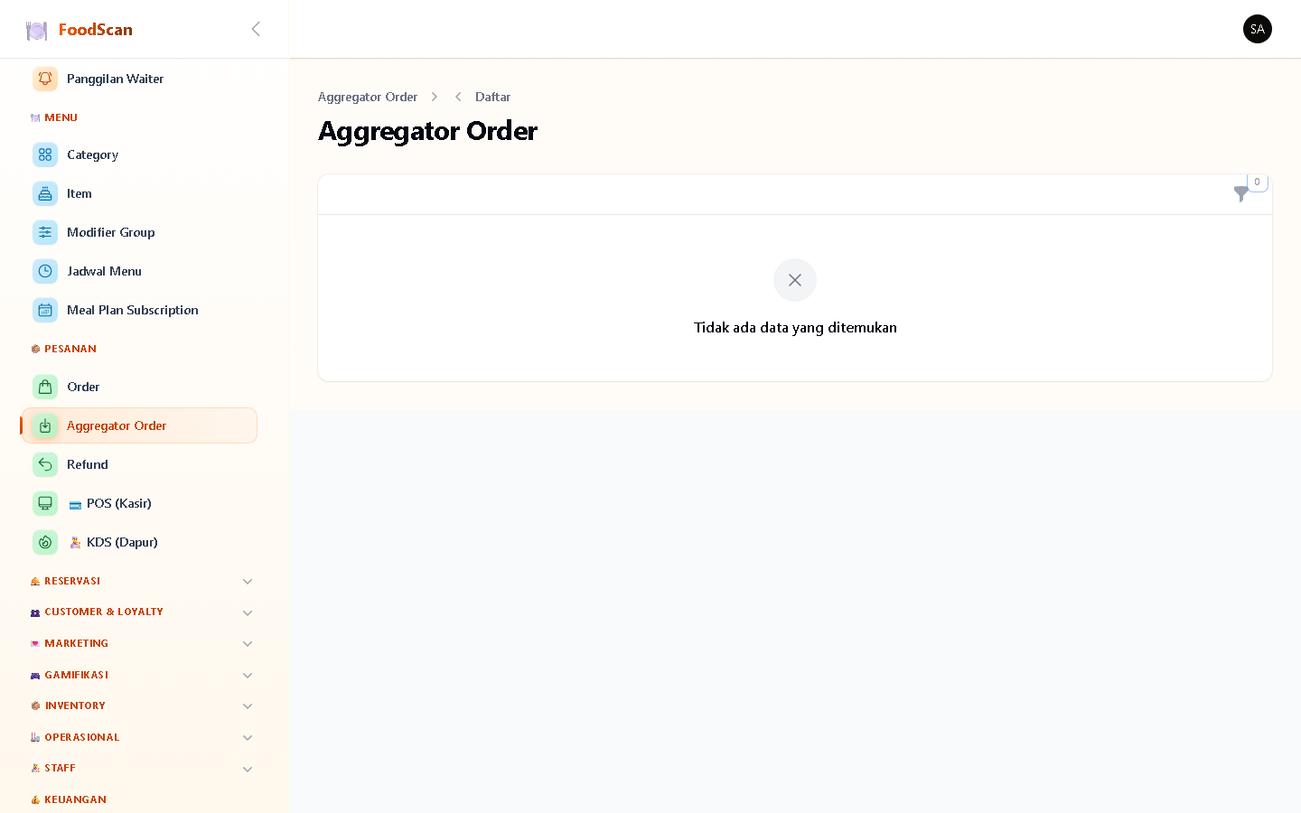 Integrasi order dari platform aggregator: GoFood, GrabFood, ShopeeFood. Order masuk otomatis dengan format standar