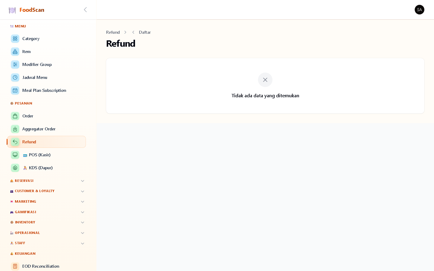 Manajemen refund & void order. Staff bisa ajukan refund dengan alasan (customer request, wrong item, quality issue), atur nominal, dan approval workflow (pending→approved→rejected→processed). Support partial refund. History refund tercatat lengkap dengan timestamp approver.