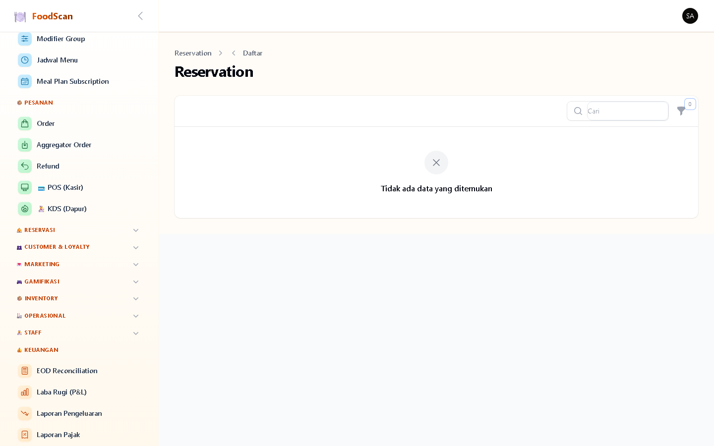 Kelola booking meja dari customer. Setiap reservasi tercatat: nama customer, kontak, jumlah tamu, meja yang dipilih, jam reservasi, durasi, dan status (pending→confirmed→seated→completed / no-show / cancelled). Support sumber reservasi: web, telepon, walk-in. View kalender untuk lihat okupansi per hari.