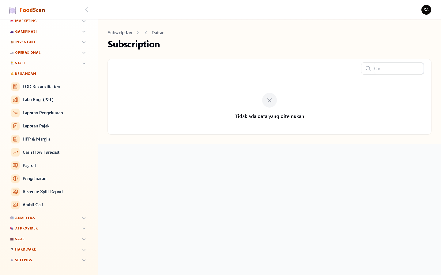 Langganan aktif per tenant: plan, status (trial/active/past_due/cancelled), tanggal mulai, tanggal expired, dan auto-renew flag. History subscription lengkap dengan upgrade/downgrade tracking.