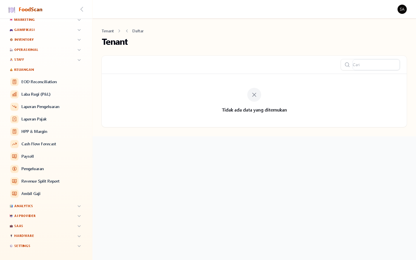 Daftar tenant/klien SaaS. Setiap tenant punya: nama bisnis, subdomain, domain kustom, plan, status aktif, dan settings JSON (branding per tenant). Support tenant isolation
