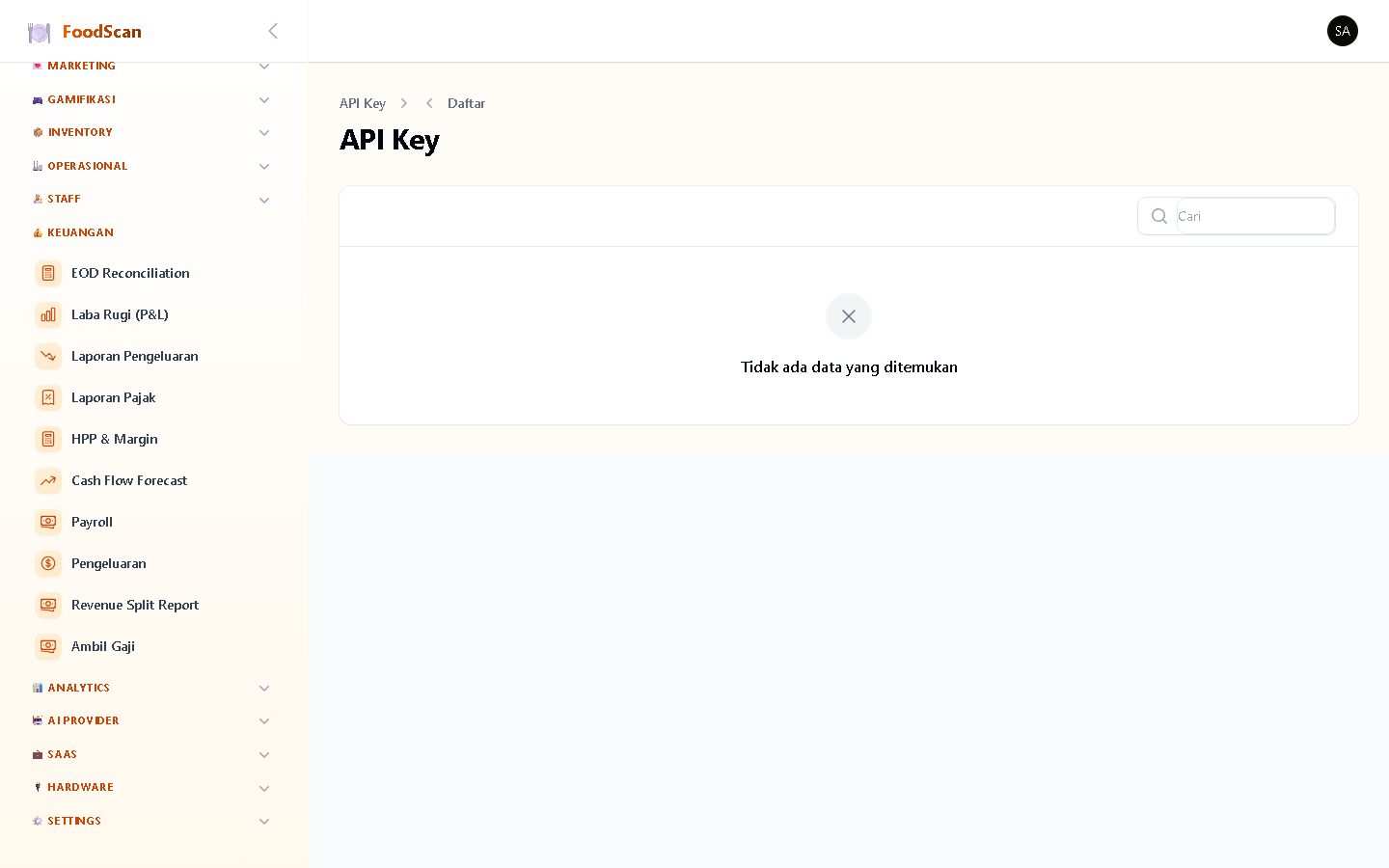 API Key management untuk akses programmatic. Generate API key dengan: nama, permissions (read/write/admin), expiry, dan status aktif. Key ditampilkan sekali saat generate. Last used timestamp untuk monitoring.