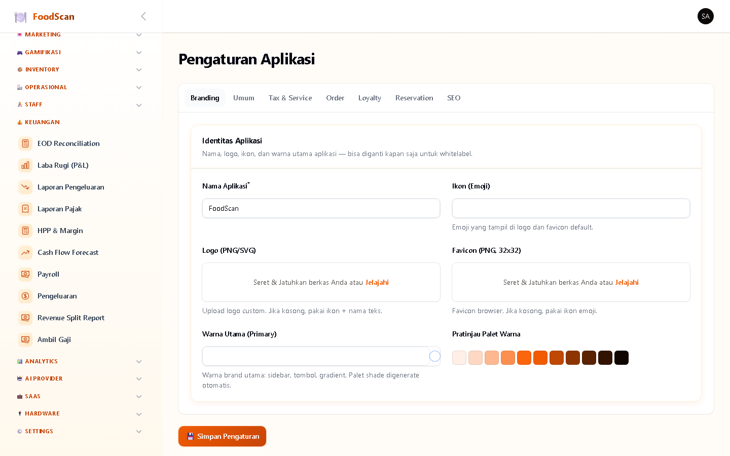 Pengaturan aplikasi lengkap dengan tab: Branding (nama, logo, favicon, warna), Umum (currency, locale, timezone), Tax & Service (rate + inclusive toggle), Order (prefix, min amount, auto-confirm, guest order), Loyalty (enable, point rate, redeem value), Reservation (enable, min/max advance), SEO (enable PSEO, site URL).