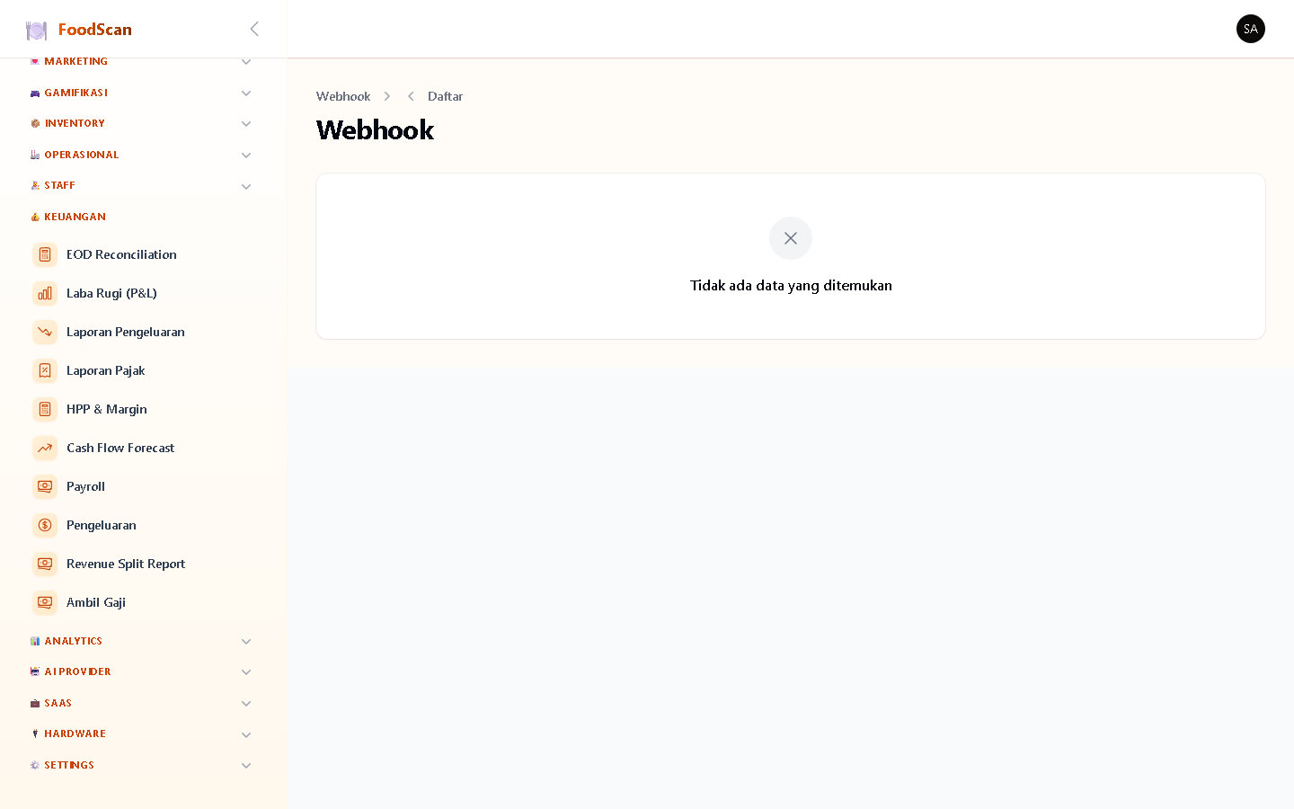 Outbound webhook configuration. Daftar endpoint webhook dengan: nama, URL target, events trigger (order.created, order.paid, order.completed, dll), secret key untuk signature verification. Delivery log: status (success/failed), response code, attempt number, retry.