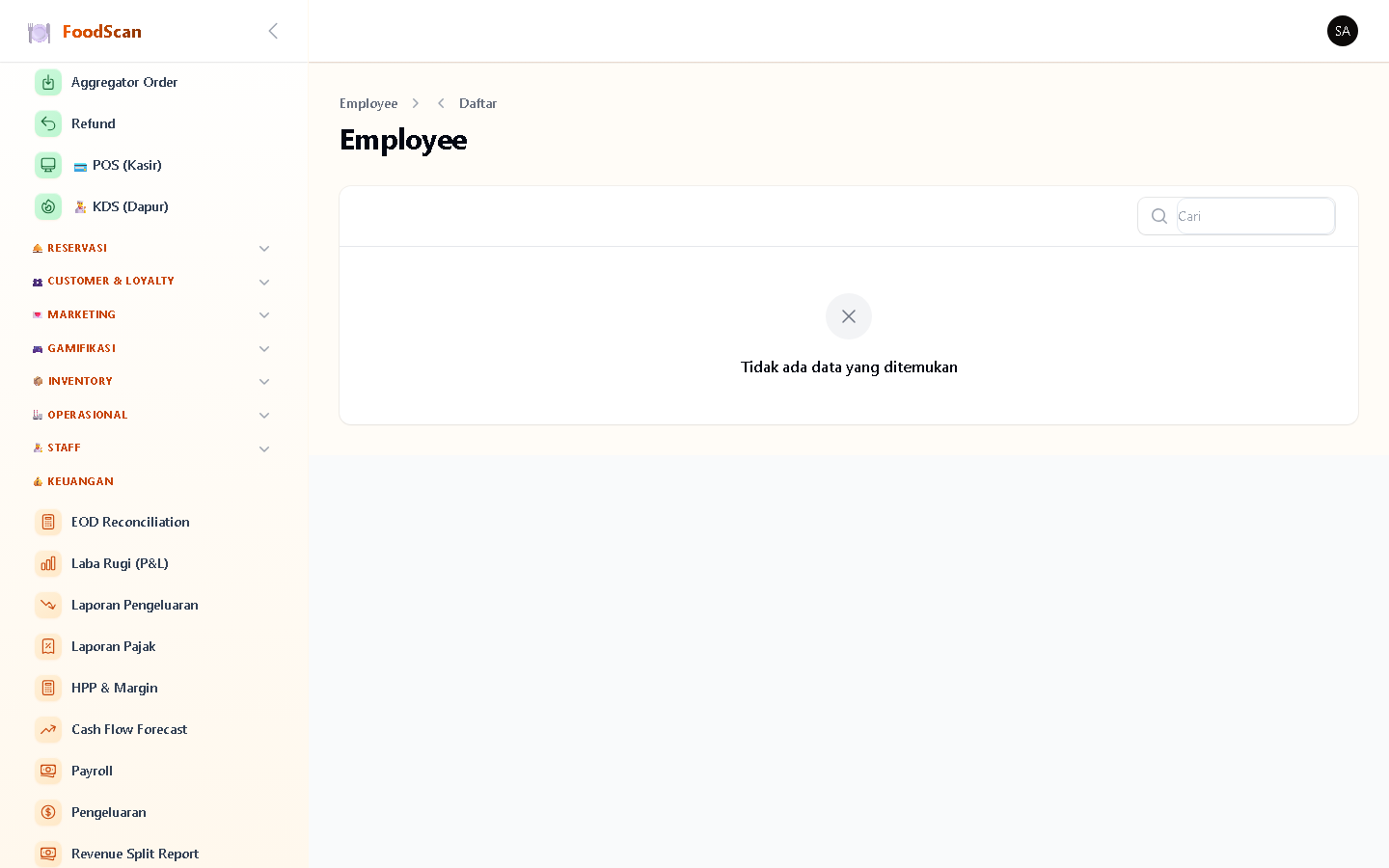 Manajemen data karyawan: nama, posisi (cashier/waiter/kitchen/chef/manager/cleaner), hourly rate, overtime rate, tanggal mulai kerja, outlet assignment, komisi per item, info bank (untuk payroll), dan status aktif. Linked ke user account untuk login.
